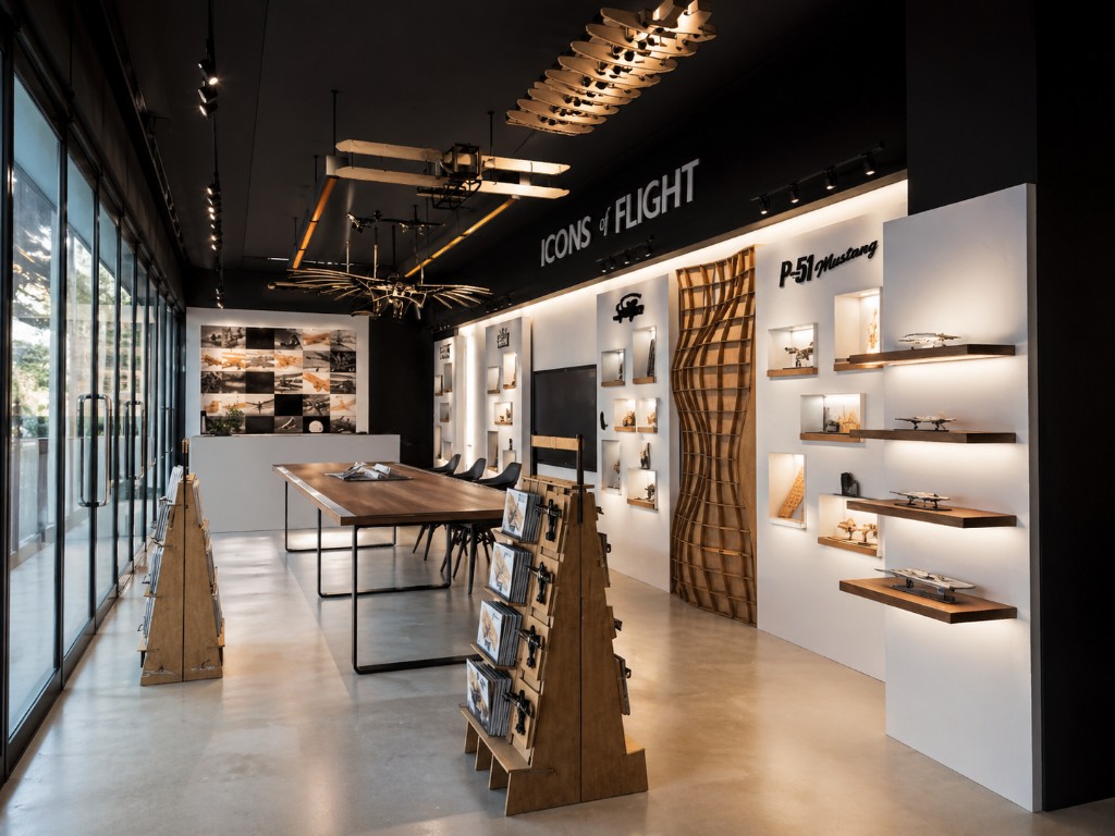 Icons of Flight showroom interior with product display, aircraft models, and brand signage