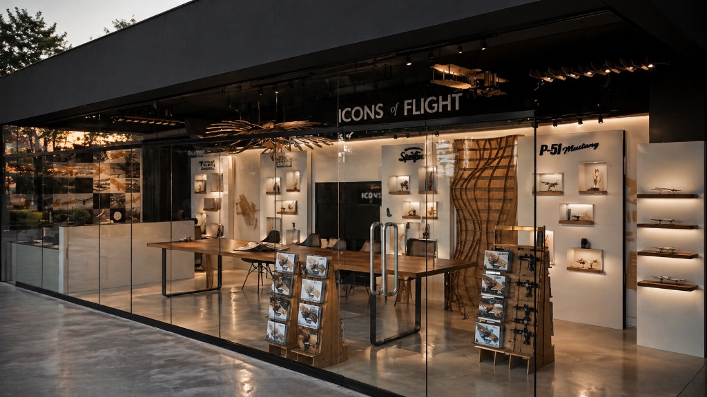 Icons of Flight storefront exhibition seen through glass with retail product displays